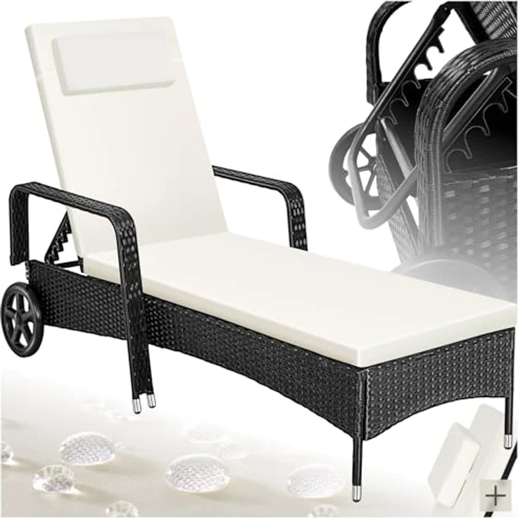 tectake Poly Rattan Gartenliege mit Rollen, 6-Fach höhenverstellbarer Liegestuhl, bis 120kg belastbar, Sonnenliege Rattan (wetterfest), Liege inkl. Polster und Kissen - schwarz/beige – Bild 2