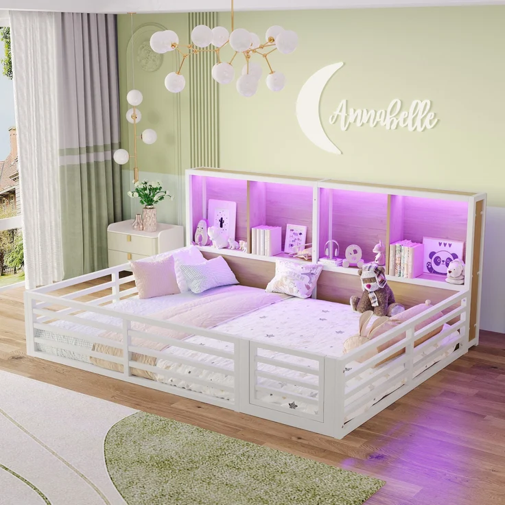 Kinderbett mit LED-Beleuchtung, Lattenrost, Tür und Zaun, 140x200 cm, Rausfallschutz, Stauraum, Metallbett – Bild 5
