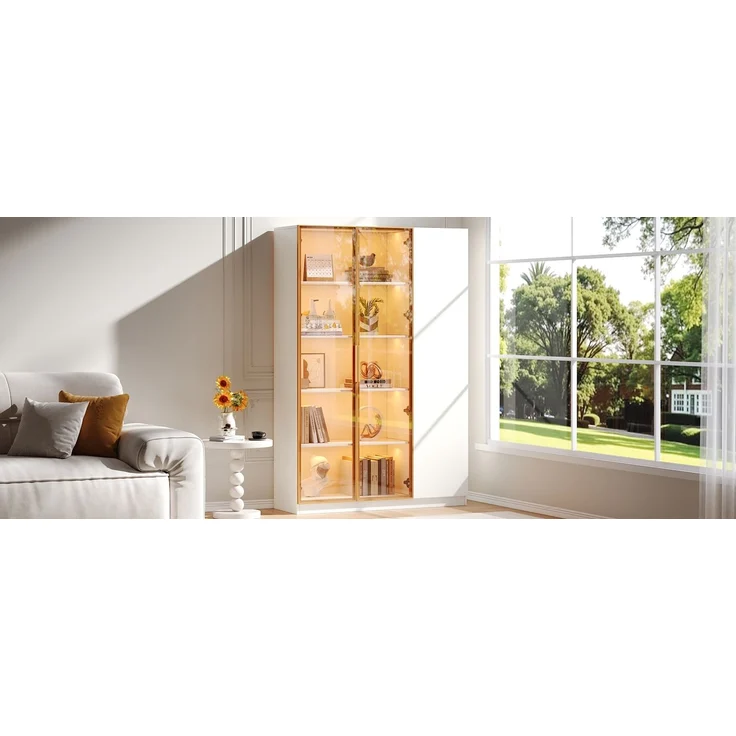ZUBALIYA Glasvitrine, Höhe 165cm–dreitürige Vitrine mit LED-Beleuchtung, mehrfarbig einstellbar, freistehende Vitrine mit Sicherheitsglas, verstellbaren Einlegeböden und Kippschutz, weiß-Vitrine,Weinschrank – Bild 18