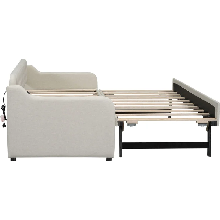 Bett 90x200 cm aus Leinen mit Ausziehbett und USB-Anschluss – platzsparendes Schlafsofa – Bild 8