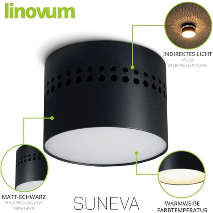 linovum LED Aufbaustrahler SUNEVA LED Aufbauspot schwarz rund indirektes Licht 230V warmweiß 8W, LED-Leuchtmittel fest verbaut – Bild 4