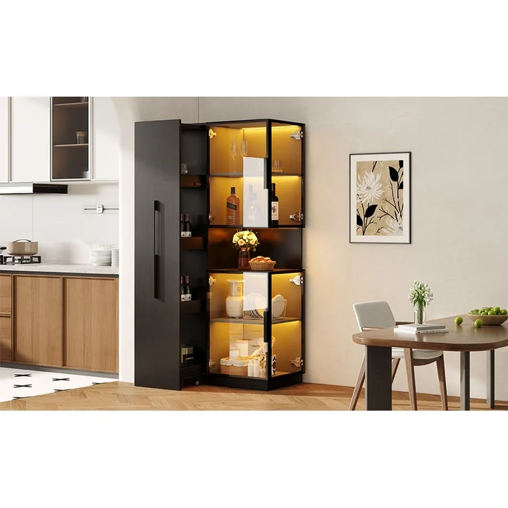 ZUBALIYA Vitrinenschrank 70×38×160 cm mit Ausziehregal – Doppelglas-Standvitrine LED, Glasvitrine & Aufbewahrung, multifunktionaler Hochschrank für Wohnzimmer, Esszimmer, Küche – Bild 17