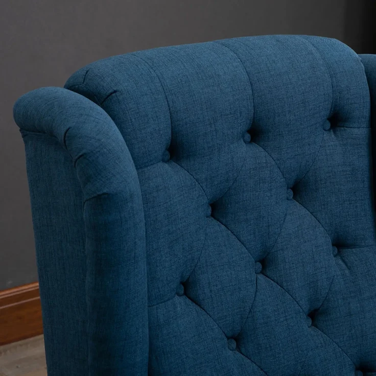 Ohrensessel Sessel mit Tufting, hoher Rückenlehne, Gepolstert Loungesessel mit abgerundeten Armlehnen, Holzbeine, für Schlafzimmer, Wohnzimmer, bis 160 kg, Blau--Blau--74x86x102cm--YOUDENOVA – Bild 7