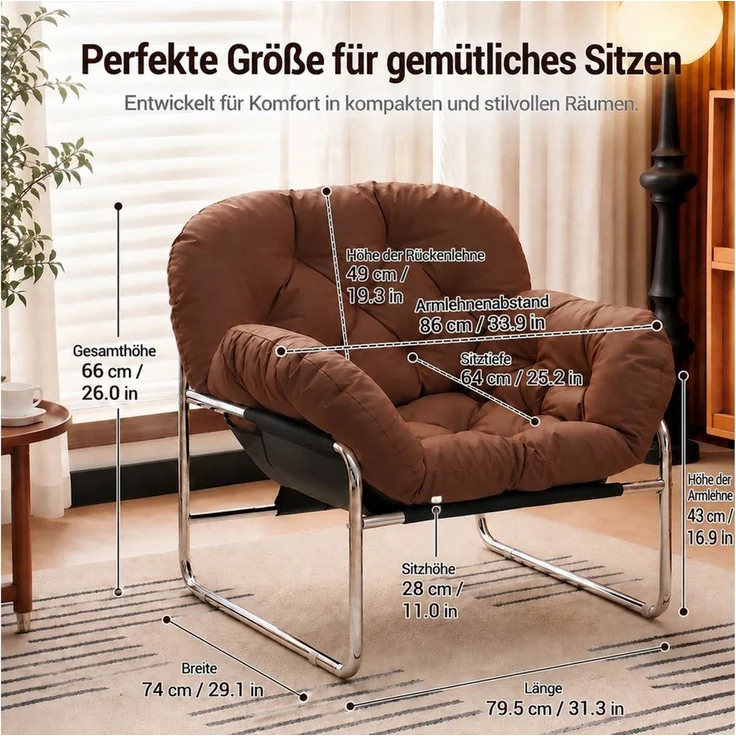 PEALOV Relaxsessel mit Armlehnen, Loungesessel aus Kunstleder mit Metallgestell, Weiß (1-St), für Wohnzimmer und Büro, 79,5 x 74 x 66 cm – Bild 2