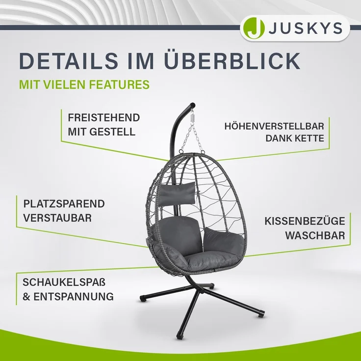 Juskys 'Aria' Hängesessel mit Kissen, höhenverstellbar & faltbar, Polyrattan dunkelgrau, bis 130 kg belastbar – Bild 3