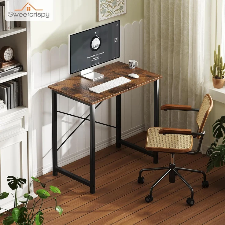Sweetcrispy Schreibtisch, Kleiner Tisch 80 x 50 x 75.4 cm (31in), Computertisch Metallgestell‌, Bürotisch für Arbeitszimmer, Schlafzimmer, Wohnzimmer, Study Table Desk, Braun – Bild 5