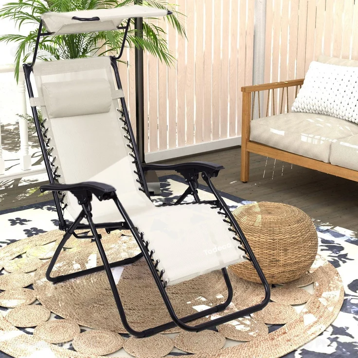 Todeco Liegestuhl klappbar mit Sonnenschutz, Sonnenstuhl mit abziehbare Kissen, Max Belastbarkeit 100kg, Strandliegestuhl leicht, Beige – Bild 1