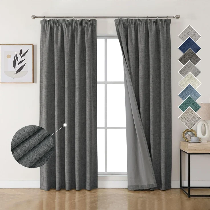 Joydeco 100% Verdunkelungsvorhänge Leinen Gardinen mit Kräuselband 2er Set H229xB117cm Grau, Thermovorhang Kälteschutz Blickdicht Schallschutz Ideal für Wohnzimmer passt zu Schienensystemen