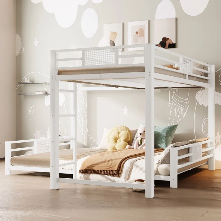 L-förmiges Metall-Etagenbett 90x200 über 140x200, Weiß – Bild 3