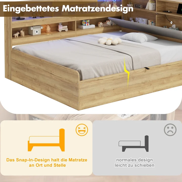 Merax Kinderbett 140x200 cm, Holzbett, Jugendbett, Daybett, Hydraulisches Stauraumbett, mit USB-Ladestation und LED-Beleuchtung, Naturfarbe – Bild 5