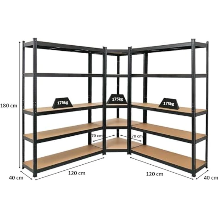 PROREGAL Mega Deal Eckregal Ragnar 1x: 180 x 70 x 40 cm | 2X: 180 x 120 x 40 cm Schwarz Fachlast 175kg, Kellerregal, Steckregal, Garagenregal, Lagerregal – Bild 3