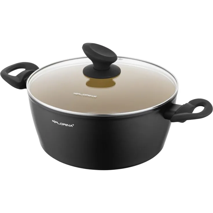 FLORINA AMVEGAN Aluminiumtopf 24 cm I 3,6L I Hohe Haltbarkeit I Glasdeckel I Olivenöl-Keramikbeschichtung I Einfaches Kochen & Spülen I Für alle Herdarten I Originales Design