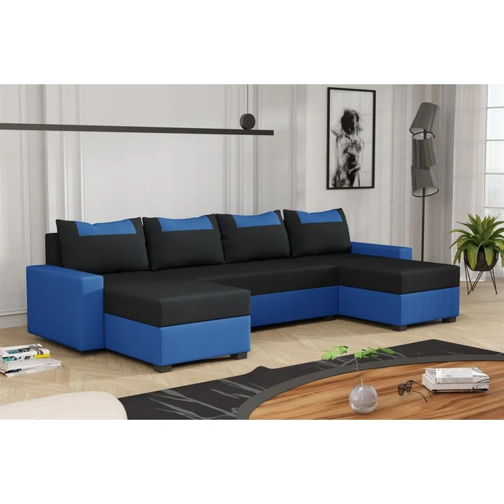 Wohnlandschaft Schlafsofa Sofa HEDVIG LUX Stoff Manila Blau- Schwarz – Bild 1