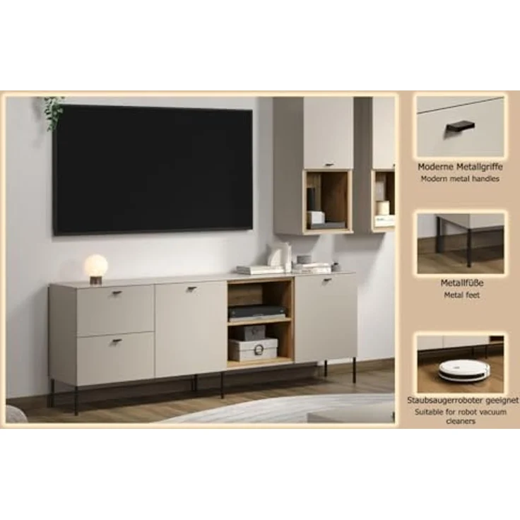 trendteam smart living - Sao Paulo - TV-Schrank - Kashmir (Beige)/Evoke Eiche - Lowboard für Fernseher bis 65 Zoll - (BxHxT) 200 x 75 x 40 cm - integrierte Kabeldurchführung – Bild 5