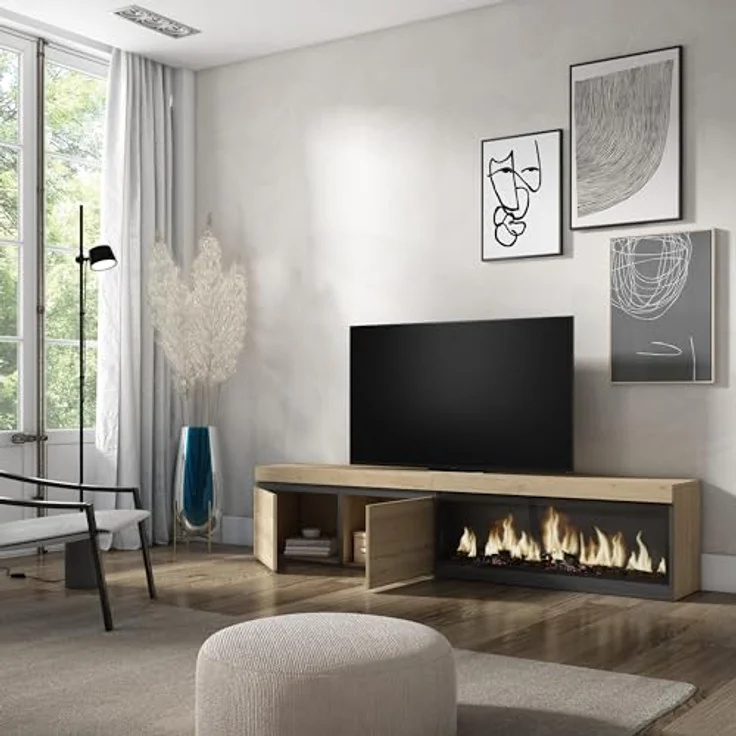 Skraut Home | TV-Schrank, Lowboard | für Wohnzimmer und Esszimmer | 210 | Für TV-Geräte bis zu 80" | Elektrokamin XXL | Moderner Stil | Eiche – Bild 4