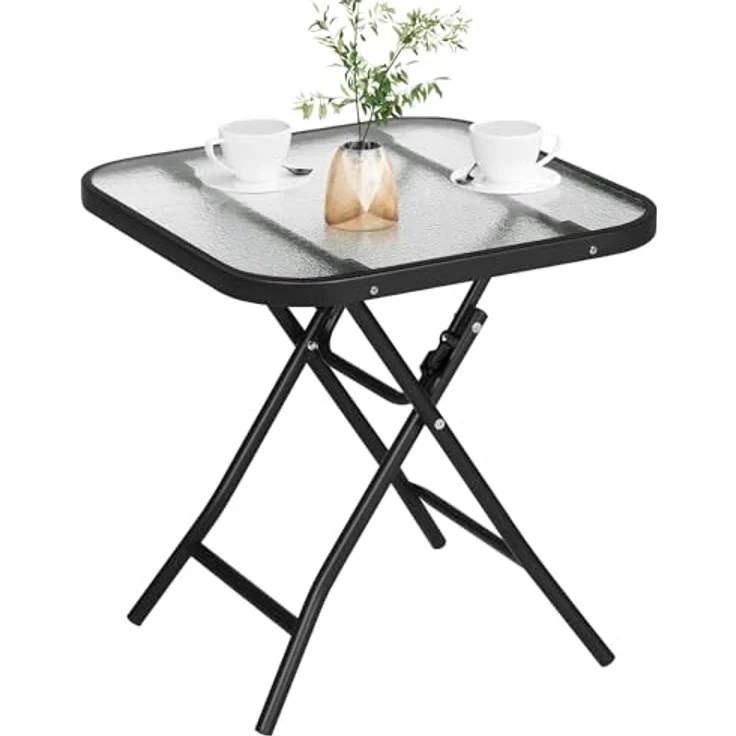 eSituro Klapptisch, Beistelltisch klappbar, Balkontisch Campingtisch Gartentisch Bistrotisch, mit Metallrahmen, rechteckige Tischplatte aus gehärtetem Glas, 46 x 46 x 48 cm, Schwarz+transparent – Bild 1