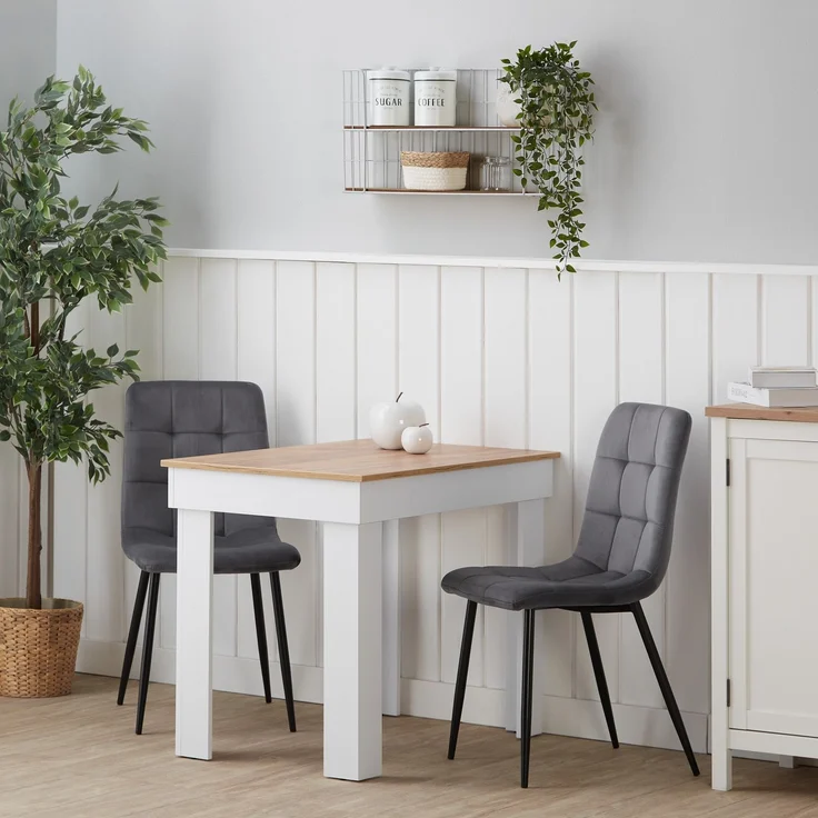 Esstisch mit 2 Stühlen Set Essgruppe Samt Polsterstühle Grau Küchentisch Weiß Modern Holz Eiche 90x60 cm Esszimmertisch Massiv – Bild 2