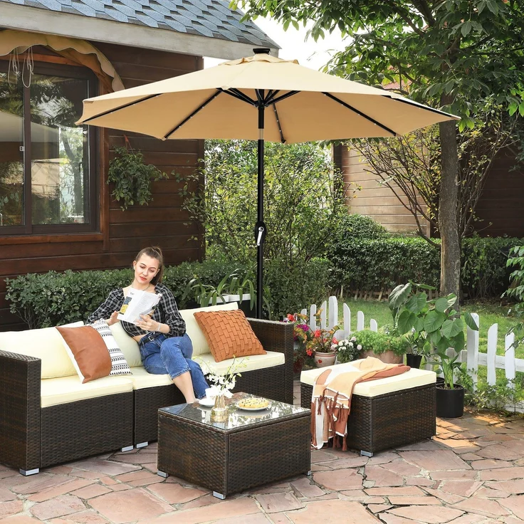 Sonnenschirm mit LED-Solar-Beleuchtung und Kurbel, knickbar, Metall taupe, Ø 3 m – Bild 3