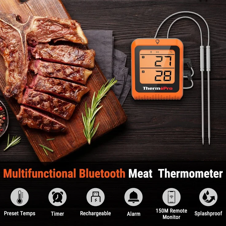 ThermoPro TP25H2 Küchenthermometer mit Timer und Alarmfunktion, 150 Meter, Empfängt Bluetooth, Thermometer für Fleisch, Grill, Ofen – Bild 2