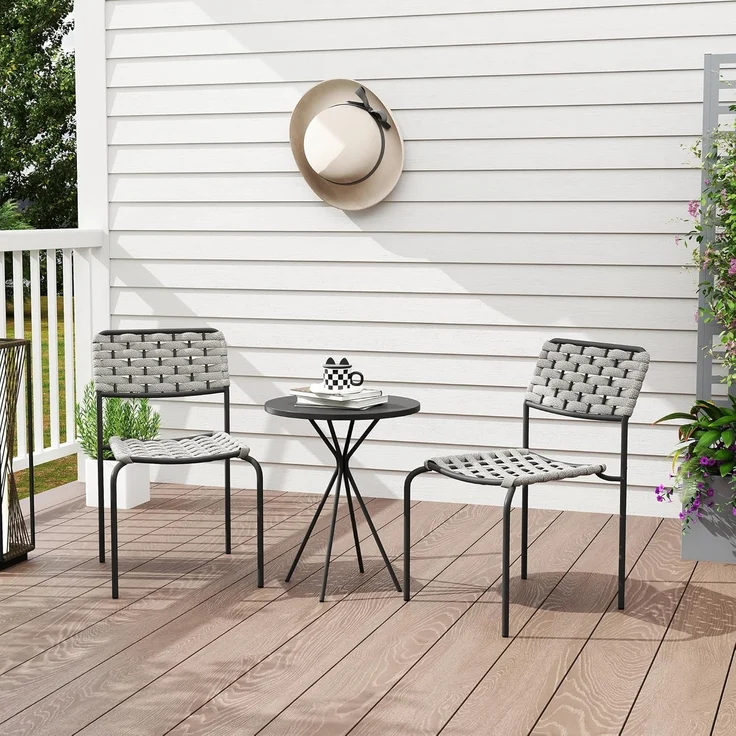 Outsunny Gartenlounge-Set 3-teilig, mit 2 Stapelbare Stühle, Tisch, (wetterfest Balkonmöbel für 2 Personen, 3-tlg, Polyrattan Gartenmöbel Set), für Garten, Terrasse Balkon, Grau – Bild 8