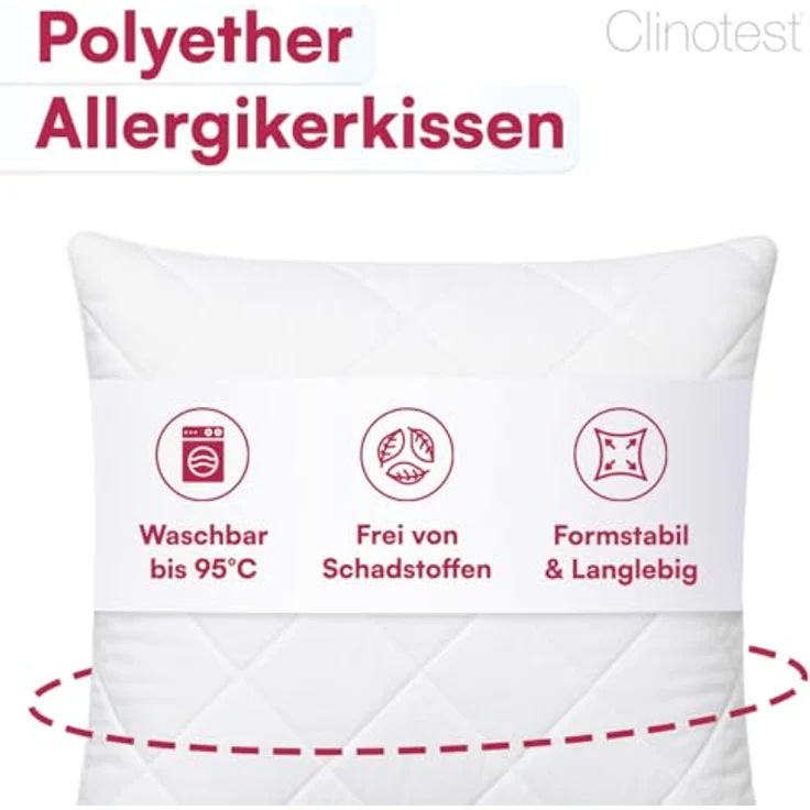Clinotest Kopfkissen Polykissen Gesteppt, Füllung: 120g, Bezug: Polyester, für jede Schlafposisiotn geeigent, 95°C waschbar & trocknergeeignet, bewährte Qualität aus Hotellerie – Bild 3