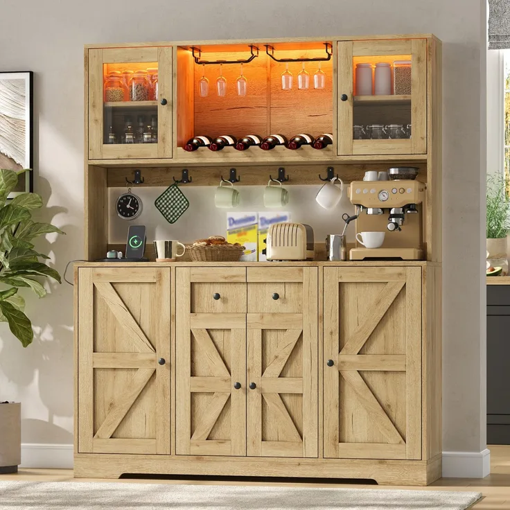 Küchenschrank, hoher Schrank mit LED-Beleuchtung und Steckdosen, Vorratsschrank mit Acrylglastüren, Weinregalen und Weinglashaltern, Vitrinenschrank für Wohnzimmer & Esszimmer, 140 × 40 × 173 cm--Natürlich--140x40x173cm--YOUDENOVA