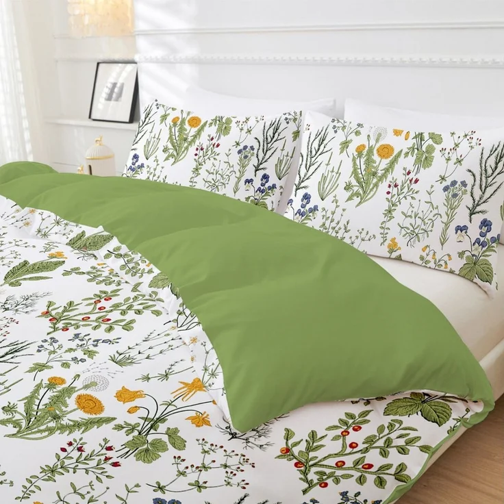 Fyrove Bettwäsche Bettwäsche Bettdeckenbezug - Bettwäsche Set Blumen Grün Muster, Bettwäsche Motiv mit Zweigen und Blättern mit Kissenbezügen 80x80 cm – Bild 3