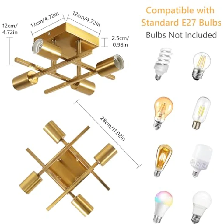 Goeco Deckenleuchte Vintage, Gold Kronleuchter Pendelleuchte Lampe E27 4 Flammig aus Metall, Industrial Deckenlampe Pendelleuchte für Schlafzimmer, Wohnzimmer, Esszimmer, Küche – Bild 3
