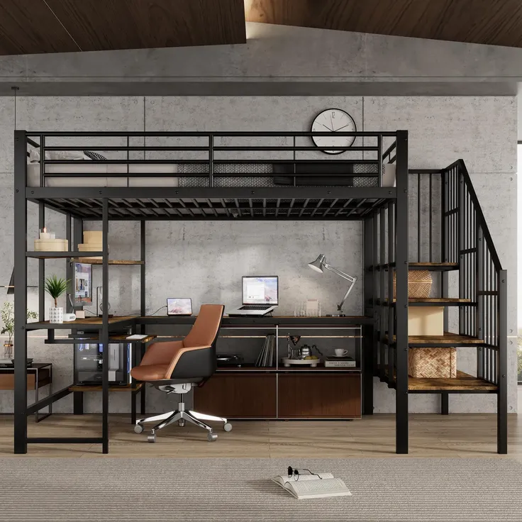 Hochbett mit Eckschreibtisch, Lattenrost, Regal, Treppe, Rausfallschutz und Steckdosenleiste, 120x200cm, Kinderbett, Metallbett