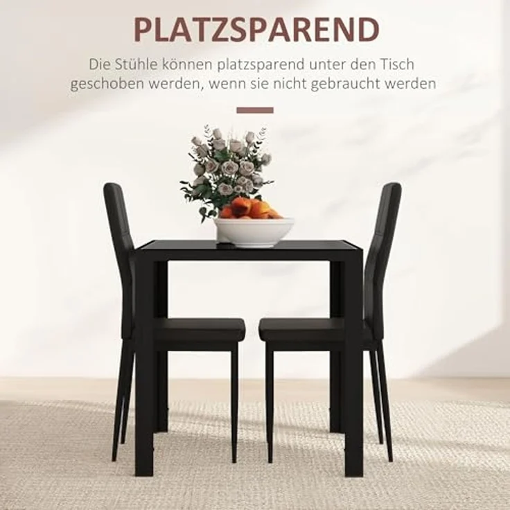 HOMCOM Essgruppe mit Glas-Tischplatte, (Esstisch mit 2 Stühlen, 3-tlg, platzsparend Esszimmergruppe), für Esszimmer, Küche Schwarz – Bild 3