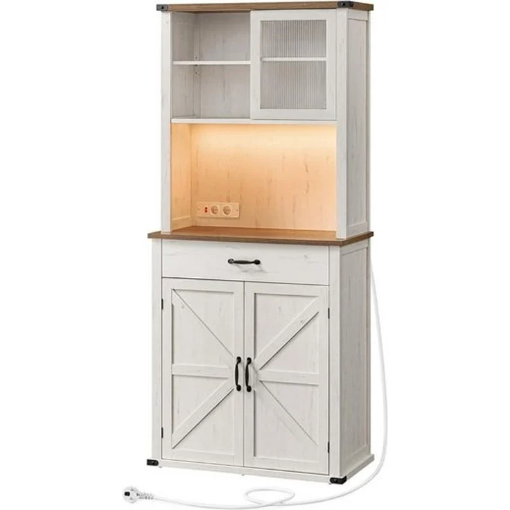 VASAGLE Sideboard mit Beleuchtung und Ladestation, Küchenschrank, Aufbewahrungsschrank, mit Türen und Schubladen, 39,5 x 80,4 x 180,6 cm, verstellbare Ablagen, Landhausstil, vintageweiß – Bild 1