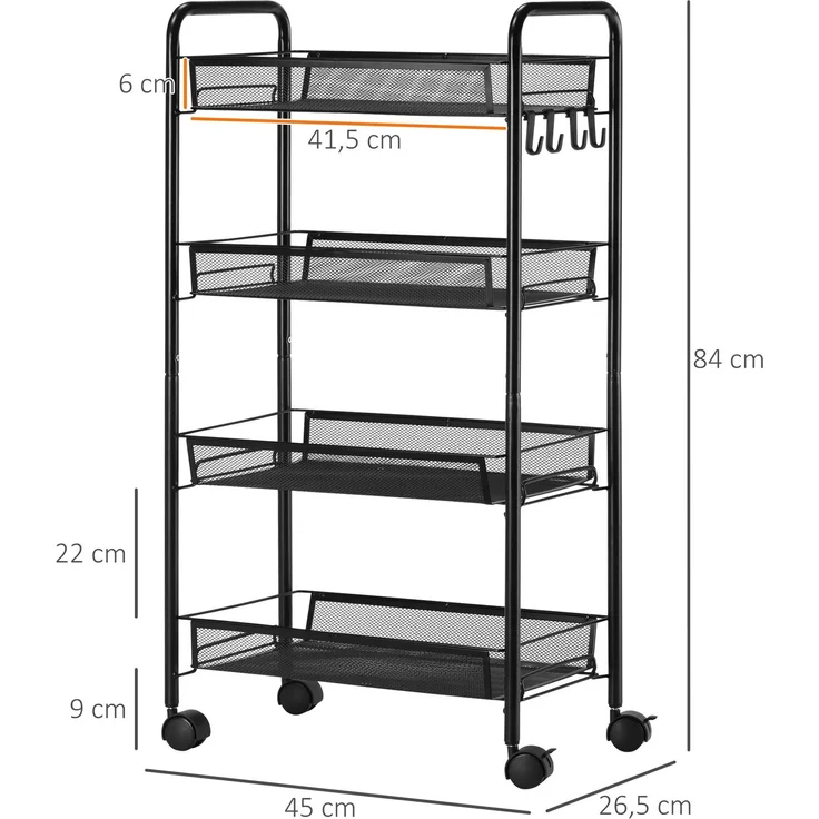 HOMCOM Servierwagen, Stahl, Schwarz, 45L x 26,5B x 84H cm – Bild 3
