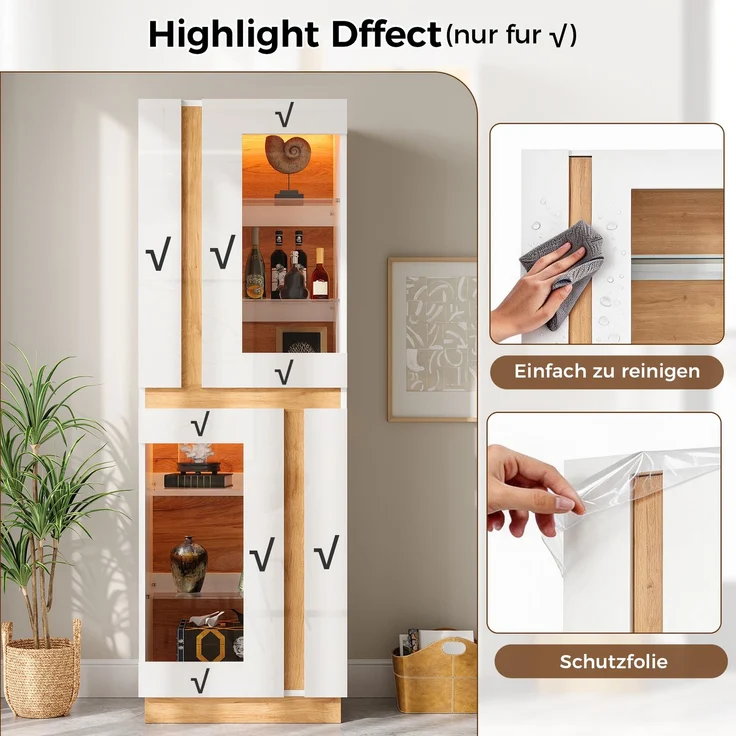 Vitrinenschrank mit LED-Beleuchtung, 2 Glastüren, Glasböden, geräumiger Ausstellungsschrank, Wohnzimmerschrank, Aufbewahrungsschrank aus PB – Bild 9