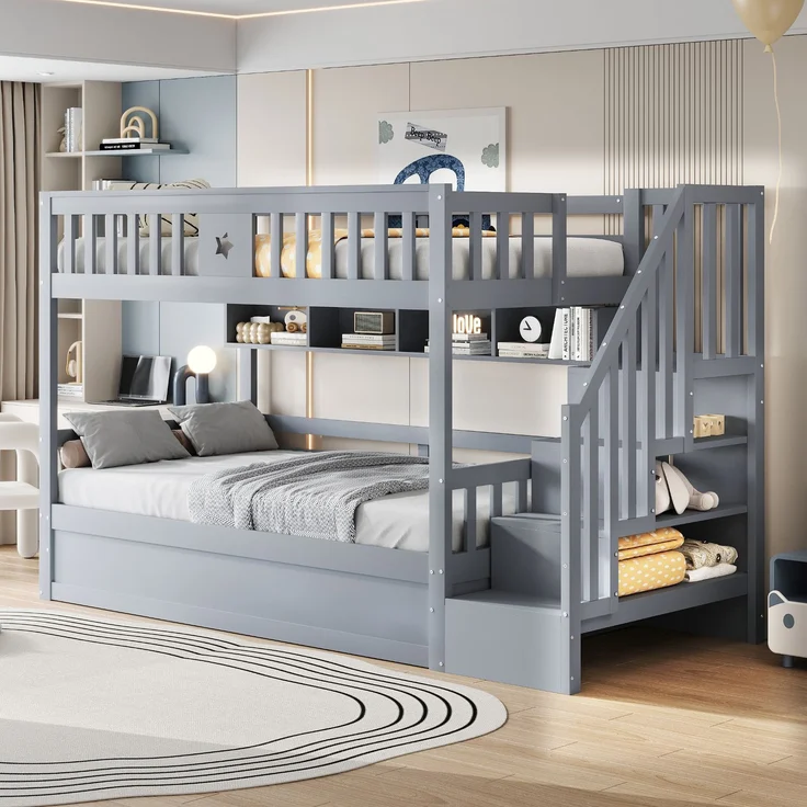 ZUBALIYA Bettgestell für Matratzen 253 x 95 x 151 cm, Bettgestell aus Holz, als Schlafplatz für Schlafzimmer und Gästezimmer, Grau – Bild 3