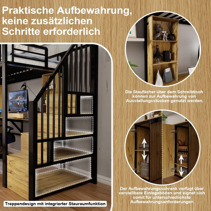 Hochbett 90×200 cm mit Rausfallschutz, Schreibtisch, Stauraum und USB-Anschluss, Schwarz, ohne Matratze – Bild 8