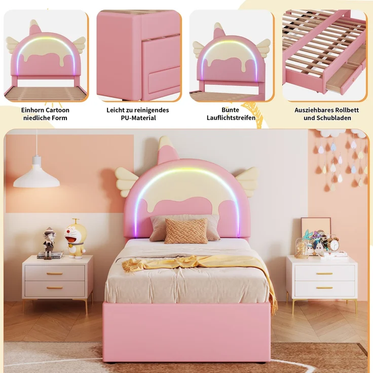 Kinderbett Einhorn 90x200 cm mit ausziehbarem Rollbett, Stauraum, Einhorn-Design, Bett für Mädchen, Kinderzimmer Bett – Bild 6