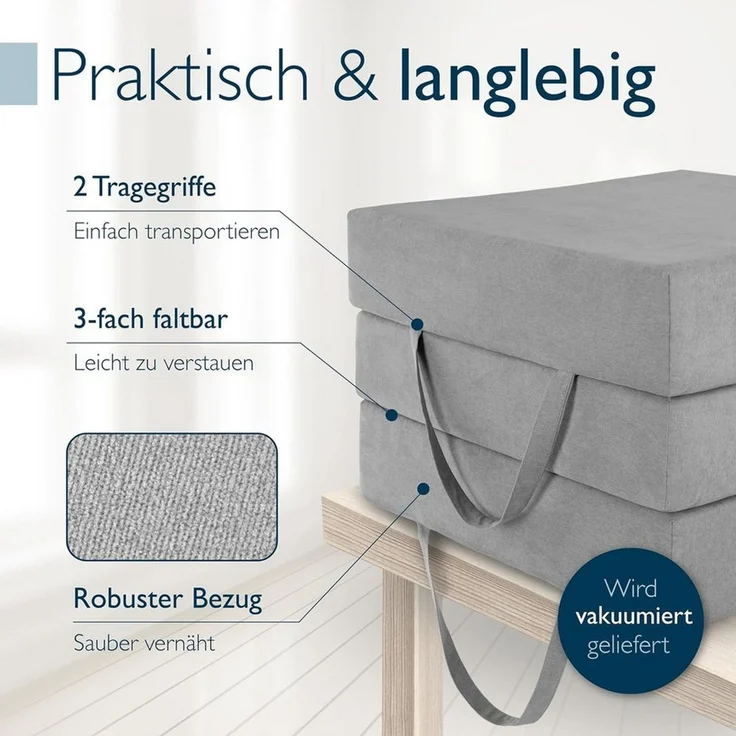 Klappmatratze Premium L Klappmatratze Gästebett inkl. Husse VS95, 75x195 cm Grau, Beautissu, 14 cm hoch, extra dick 14cm Visco-Matratze Härtegrad H3 waschbar Grau – Bild 1