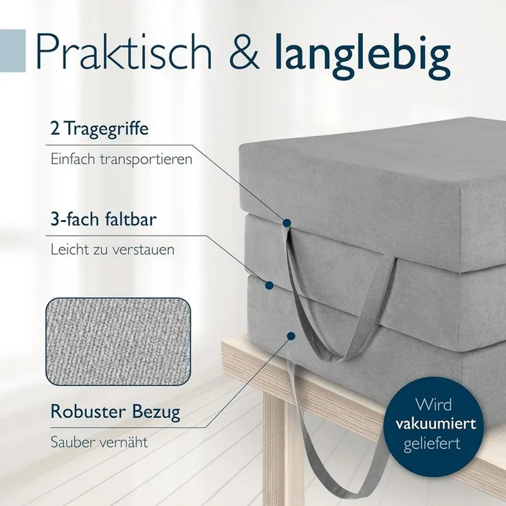 Klappmatratze Premium L Klappmatratze Gästebett inkl. Husse VS95, 75x195 cm Grau, Beautissu, 14 cm hoch, extra dick 14cm Visco-Matratze Härtegrad H3 waschbar Grau