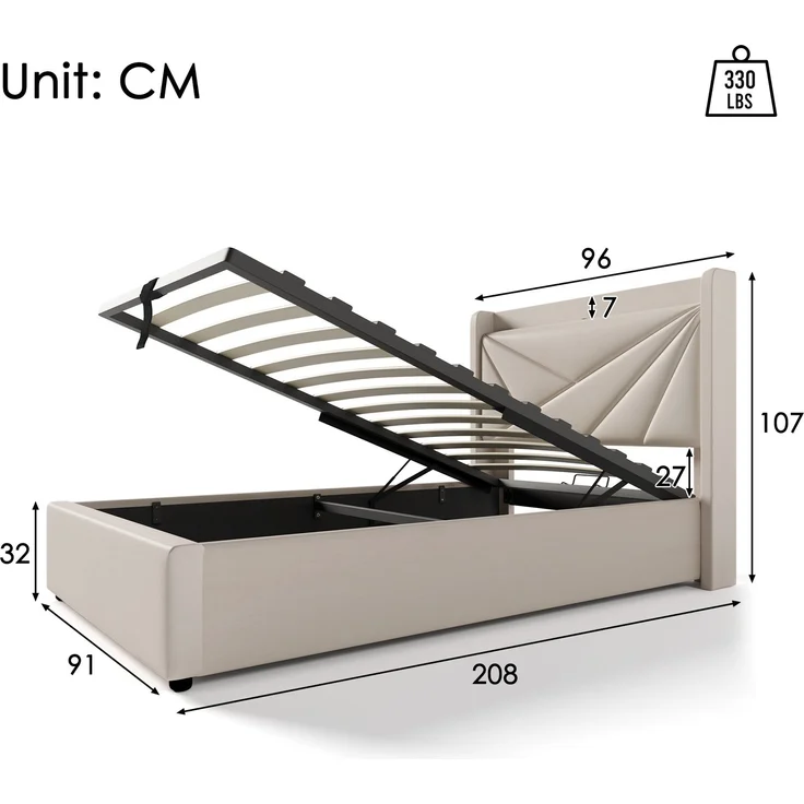 Rayofly-Leinen Polster-Einzelbett H200cm x T90cm x B90cm, Stauraum-Bettkasten, USB & Typ-C Lade-Kopfteil, Lattenrost, ohne Matratze, Beige – Bild 2