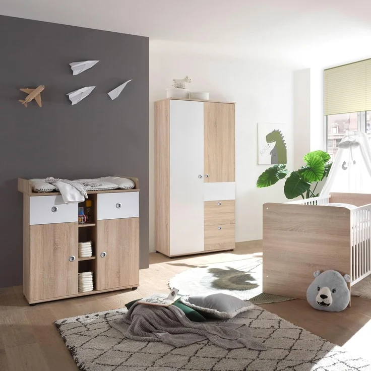 WIKI Babyzimmer Komplett-Set in Eiche Sonoma Optik / Weiß - Babyzimmer Möbel-Set 3-teilig bestehend aus Kleiderschrank, Babybett & Wickelkommode – Bild 4