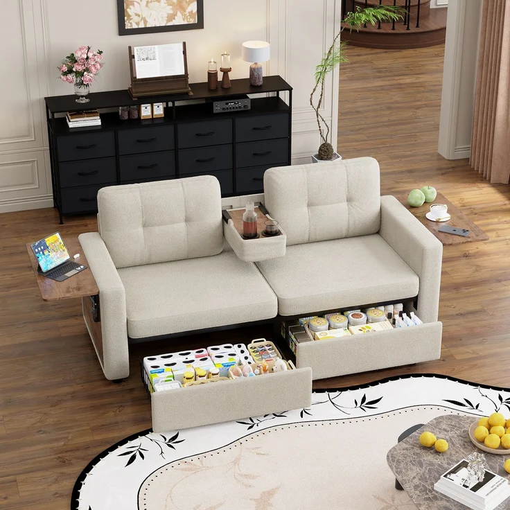 ZUBALIYA Schlafsofa 71x57.5 cm, mit Schreibtisch, mit Schubladen, mit Stauraum, mit Ablageflächen, mit Ausziehbett, Beige – Bild 8