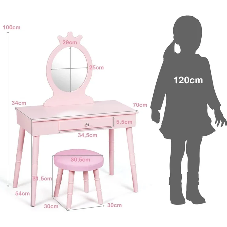 COSTWAY Kinder Schminktisch mit Hocker und abnehmbarem Spiegel, Holz pink, 34 x 70 x 100 cm – Bild 6