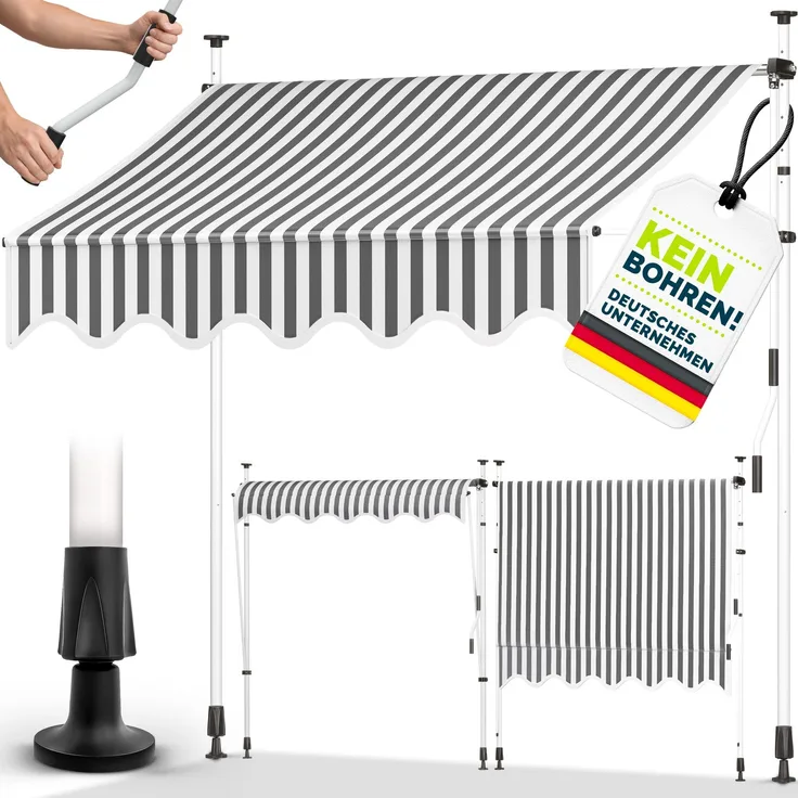 tillvex Balkonmarkise 200 cm Grau/Weiß Gelenkarm Markise Klemmmarkise Sonnenmarkise Balkon ohne Bohren