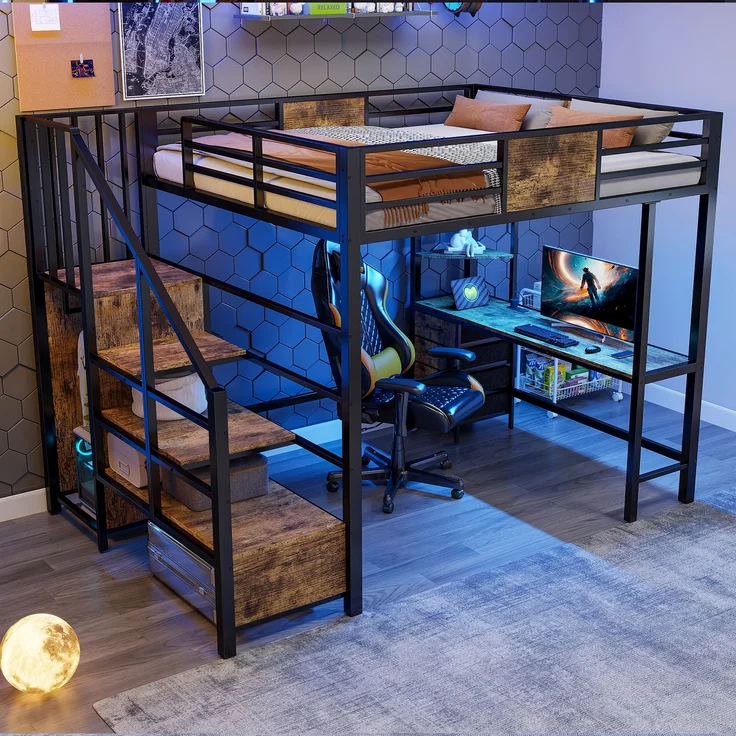 EINHOM Hochbett 140x200 cm, mit Schreibtisch, Ablagefächern, Kleiderstange, LED-Beleuchtung & Steckdose, Schwarz – Bild 3
