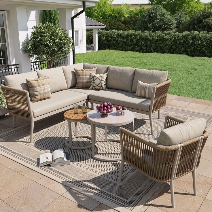Merax Gartenlounge-Set für 5-6 Personen, 6-Sitzer Gartenmöbel-Set Sitzgruppe mit 2 stapelbaren Couchtische, Beige – Bild 1