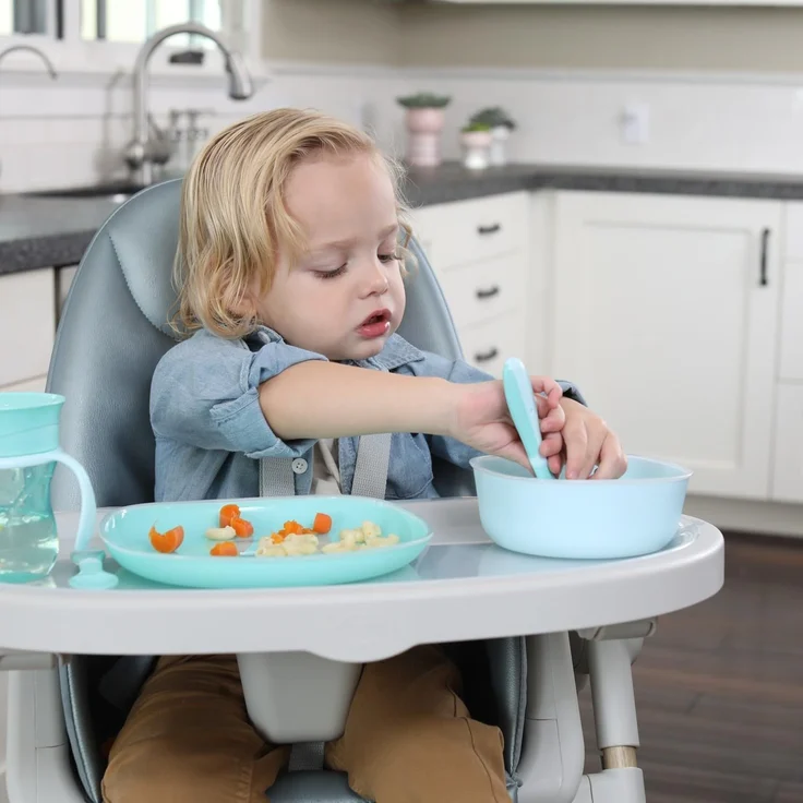 Chicco Geschirrset Kinder, Entwöhnungs-Brotteig-Set mit 1 Teller Platte und 1 Schüssel, 2 Stück, Stapelbarer Geschirrsatz, platzsparend, wiederverwendbar, 12+ Monate, Hellblau – Bild 6
