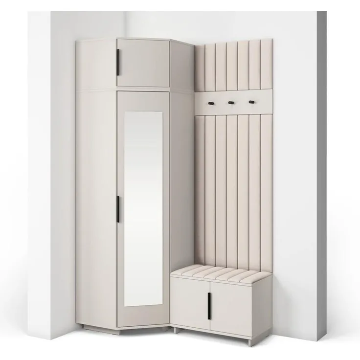Garderoben-Set Napoli Version 22: Eckschrank mit Polsterpaneelen, Schuhschrank Flur und Eingangsbereich (Cashmere/Trinity 01), 229 x 70 x 140 cm