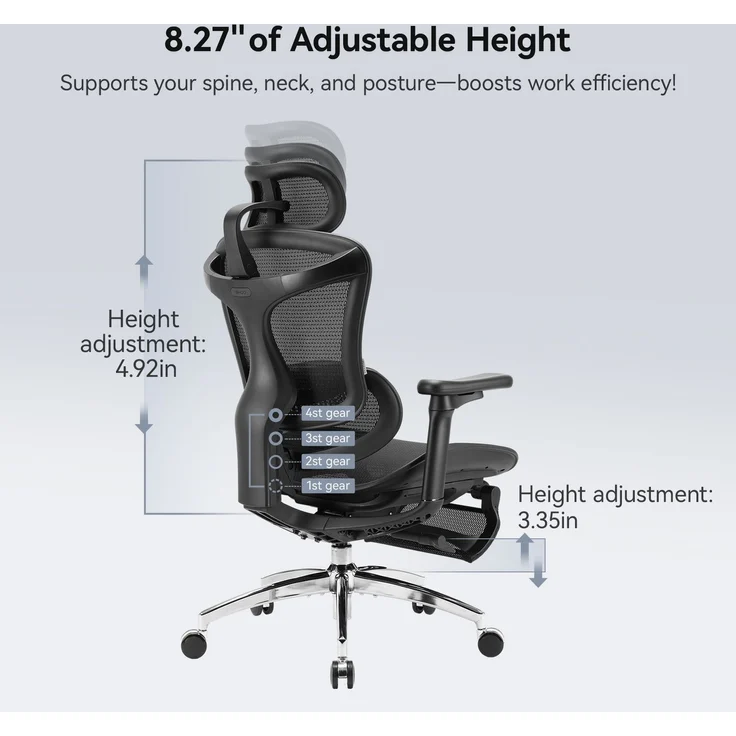 Sihoo 'Doro C300L' ergonomischer Schreibtischstuhl, Mit Fußpedal, 126 x 78,5 cm, in Schwarz – Bild 16