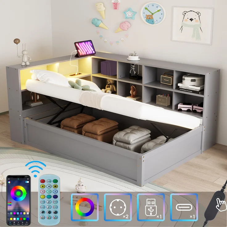 Bett 90x200 cm aus Massivholz mit Stauraum und LED-Beleuchtung – Bild 4