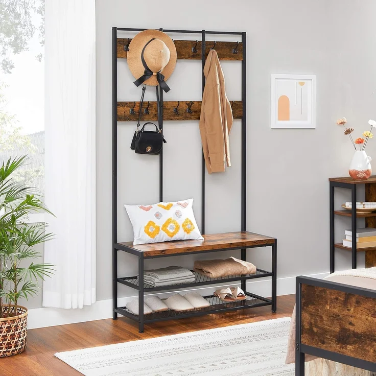 Vasagle große Garderobenständer mit Sitzbank im Industrie Design, Garderobe mit 12 Kleiderhaken und Schuhregal, Flurregal, Flur, Diele, Schlafzimmer, stabiles Eisengestell, 100kg, von Songmics, HSR86BX – Bild 2